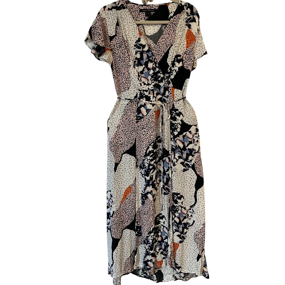 French Connection Women Abstract Print Wrap Midi Dress Pink Blue Black Size 8